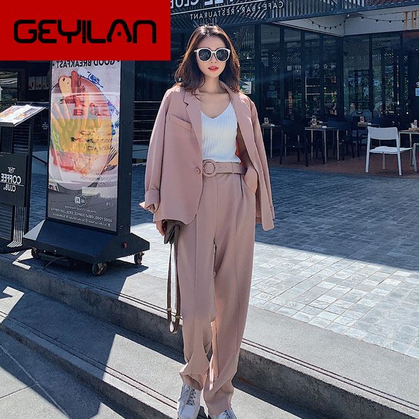 

women's suit 2019 autumn and winter new casual fashion temperament loose wild color single buckle two women's sets, White;black