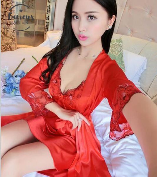 

sets robe lace satin silk sleepwear women nightgowns sleepshirts female embroidery two-piece long-sleeve bathrobes set robe, Black;red
