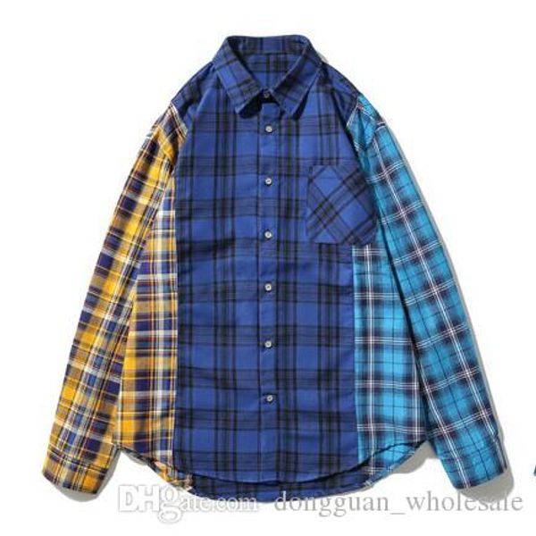 

men patchwork plaid long sleeve shirts hip hop fashion casual turn down collar shirt male 2018 autumn streetwear, White;black