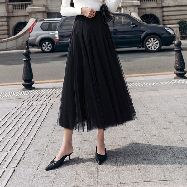 

skirts summer of 2021 multi-layer stitching pendulum mesh versatile pleated long skirt fairy, Black