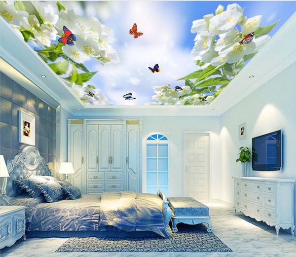 

custom 3d p wallpaper ceilings beautiful flowers butterflies blue sky and white clouds ceiling murals