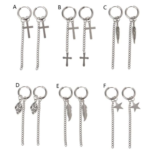 

gothic stainless steel cross feather star leaf chain dangle earrings, Silver