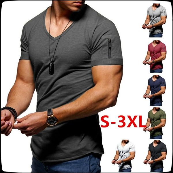 

2020 mens short-sleeved solid color t-shirt fashion slim fit shirts pockets, White;black