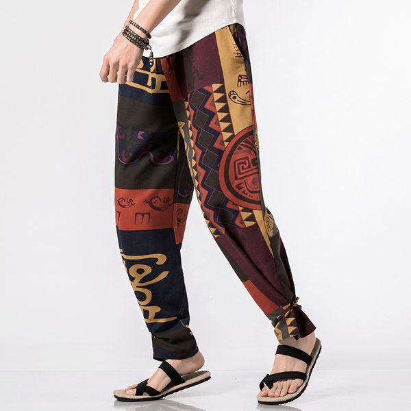 

2019 new summer chinese men's flower pants with feet and small feet harlem lanterns loose large size thin beach pants, Black