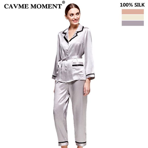

cavme 2019 summer luxury silk pajama sets turn-down collar long sleeve pants solid color elegant homeclohtes 2 piece for 135g, Blue;gray