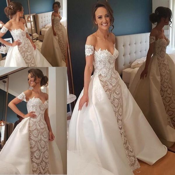 2020 Modest Lace vestidos de duas peças de mangas curtas de cetim de cetim de decote em coração, vestido de noiva vestido de novia