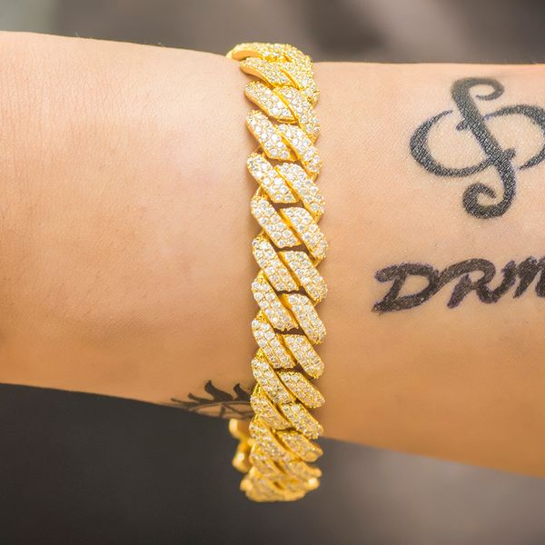

12mm prong cuban link bracelet full iced out bling hip hop dad jewelry, Golden;silver