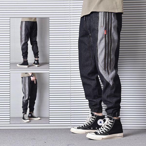 

japanese vintage fashion men jeans stripe designer loose fit cargo pants slack bottom harem trousers hip hop jeans men joggers, Blue
