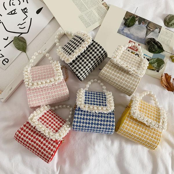 

kids girls cotton linen pearl decoration casual mini shoulder handbags autumn winter fashion plaid crossbody bags