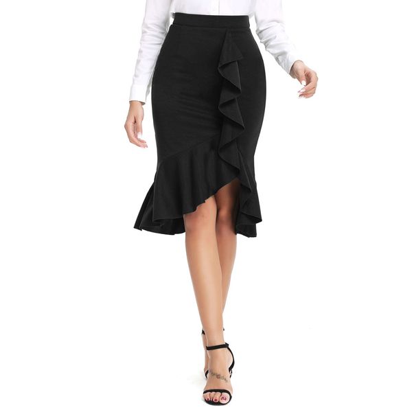 

black elegant button front ruffle fishtail hem long skirt women spring mid waist solid mermaid workwear bodycon skirts