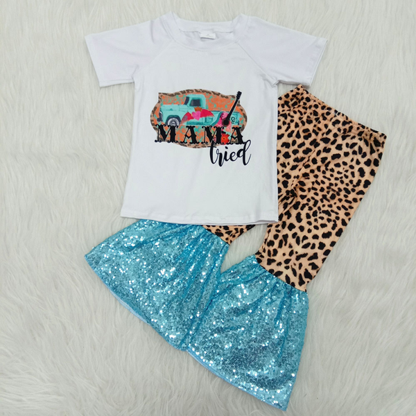 

2020 boutique kids clothing sell girl shirt with truck printed leopard bell pants with sequin outfit 2pcs kid clothing, White