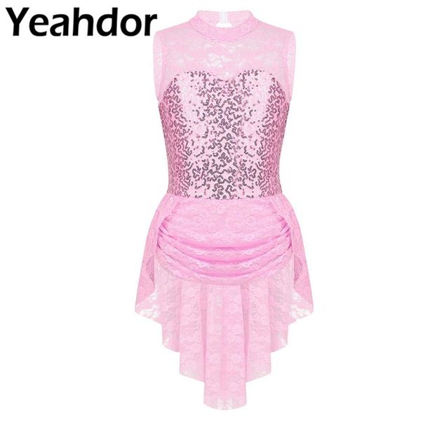 

kids girls dancewear sleeveless floral lace sequins keyhole back figure ice skating roller skating ballet dance leotard dress, Black;red