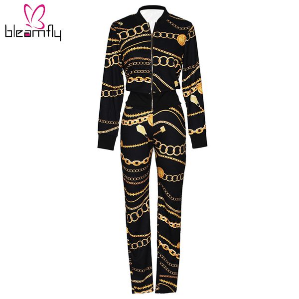 

2017 Winter Women Jacket+Pants 2 Piece Set Gold Chain Print Tracksuit Female Outfit Sporting Suit Crop Top Zipper Sweatsuit