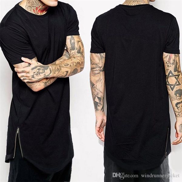 

solid color mens designer tshirts fashion lengthened circular arc shirt tail crew neck zipper tshirt mens designer tshirt, White;black