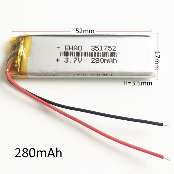 351752 3.7 V 280 mAh Bateria recarregável de polímero Lipo com PCM borad poder Para mini speaker Mp3 bluetooth GPS Gravador de DVD fone de ouvido