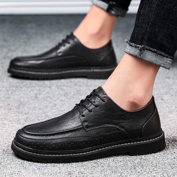

autumn men's casual leather shoes youth business formal wear men's shoes 2019 new style england bullock hair stylist leather sho, Black