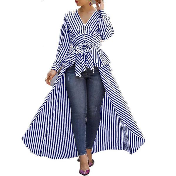 

fashion women stripe long tail shirts blouses casual long sleeve v-neck defined waist blouse autumn ladies tunic shirts, White