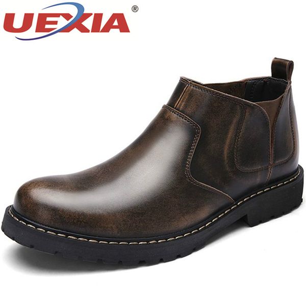 

uexia new business dress leather men boots spring ankle fashion footwear slip-on handmade men business casual high shoe, Black