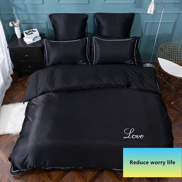 

yaxinlan luxury bedding set pure satin silk pure color european style embroidery bed sheet, quilt cover pillowcase 4-6pcs