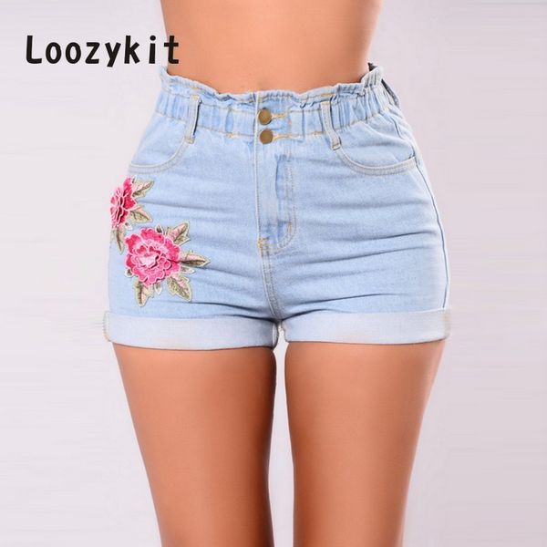 

LOOZYKIT 2018 Women Denim Shorts High Waist Floral Embroidery Slim Fitness Short Jeans Female Casual Summer Crimping Shorts