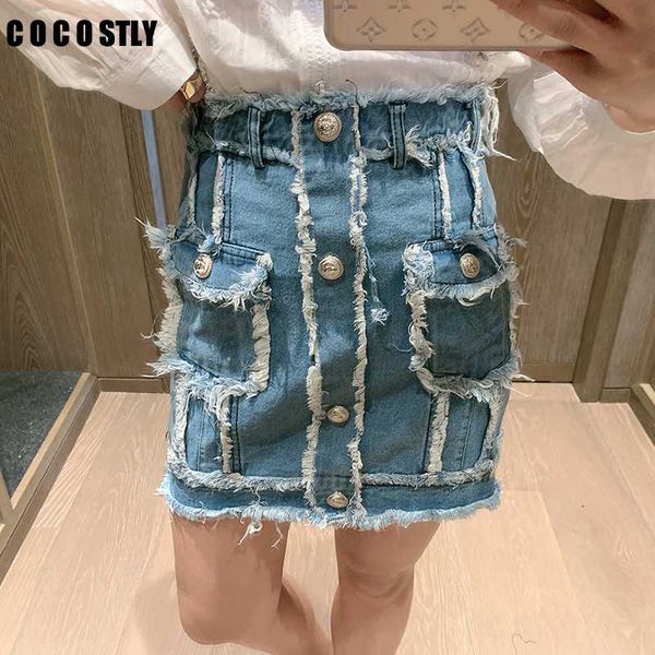 

2020 summer woman skirts new stitching pockets high waist hip button tassel denim skirt design pencil skirt jupe femme saias, Black