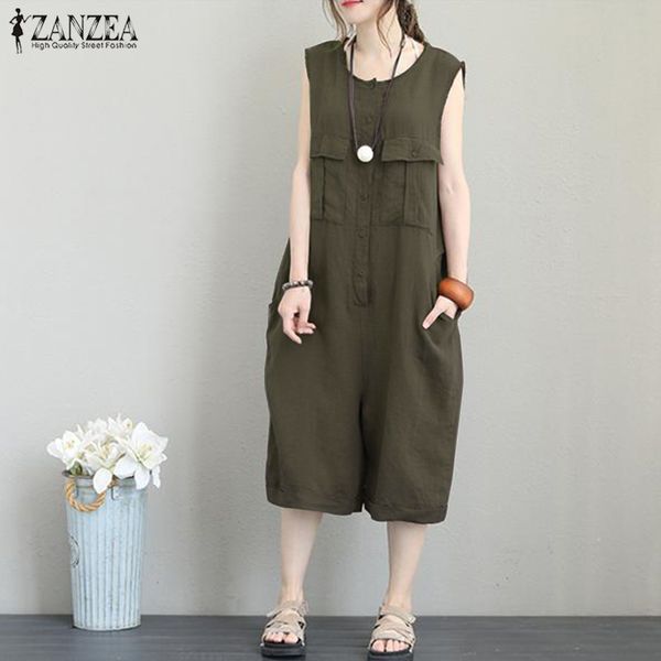 

s 5xl zanzea 2019 summer women wide leg pants casual solid o neck sleeveless jumpsuits vintage cotton linen rompers overalls, Black;white