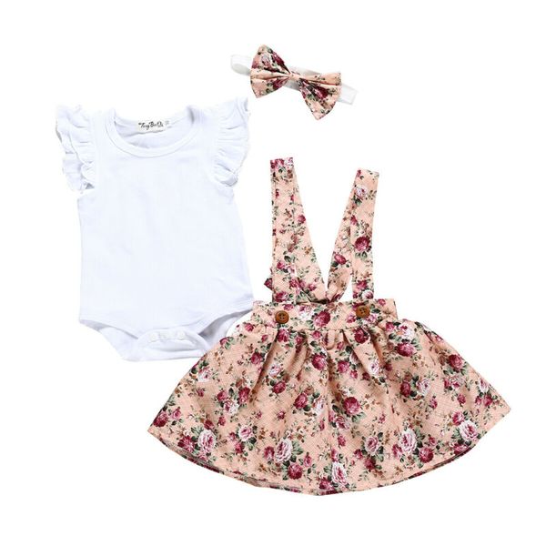 

2020 baby summer clothing newborn infant baby girl clothes set white romper+flowers overall dress headband outfit playsuit 0-24m