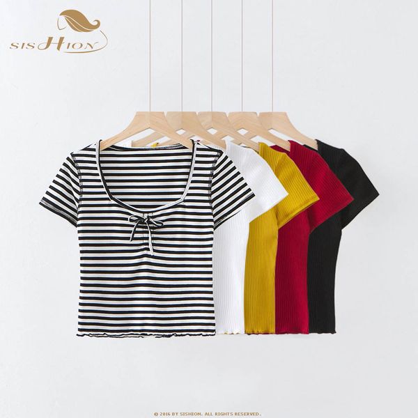 

sishion 2019 autumn women's short knitted sweater slim retro high waist bow striped short-sleeved pullovers sp0256, White;black