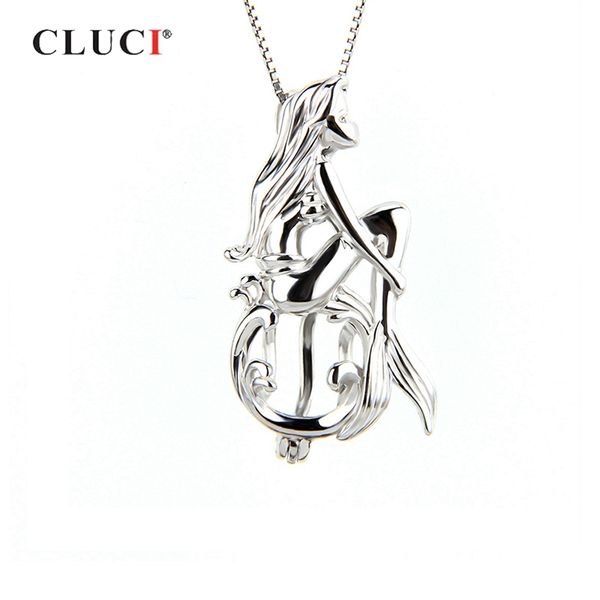 

cluci 925 sterling silver singing mermaid shaped charms pendant women fairy tale silver 925 pearl cage locket jewelry