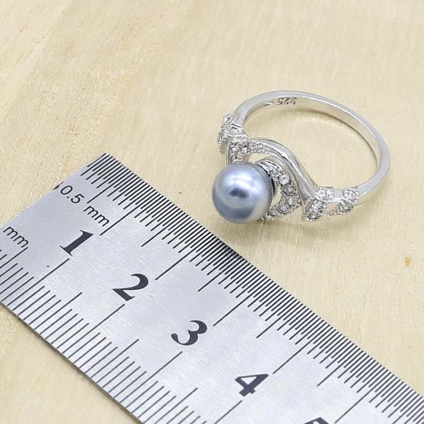 

gray pearl white zircon 925 silver jewelry set for women earring necklace pendant ring wedding birthday gift, Slivery;golden