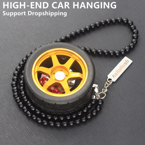 

car hanging te37 tires style aluminum wheel keychain car rim with bead chain pendant holder keyring mirror hanging key ring auto