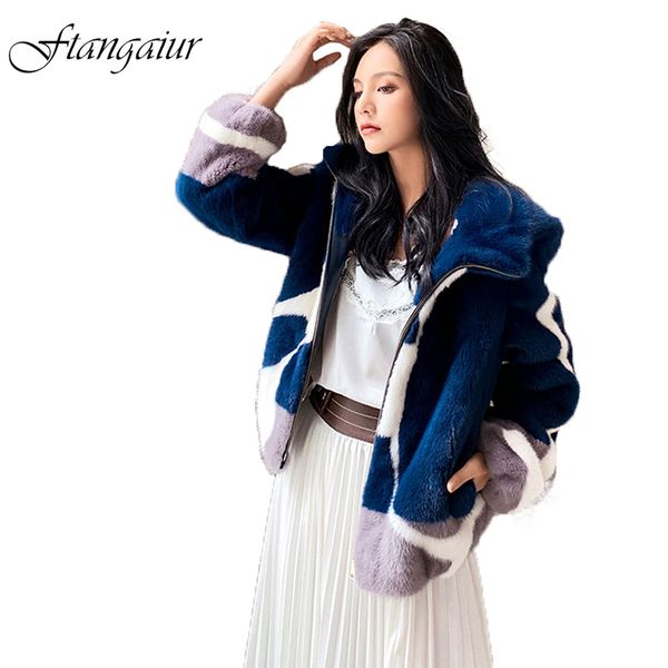 

ftangaiur 2019 winter import purple label velvet coat contrast color hood mink coat women's short real coats, Black