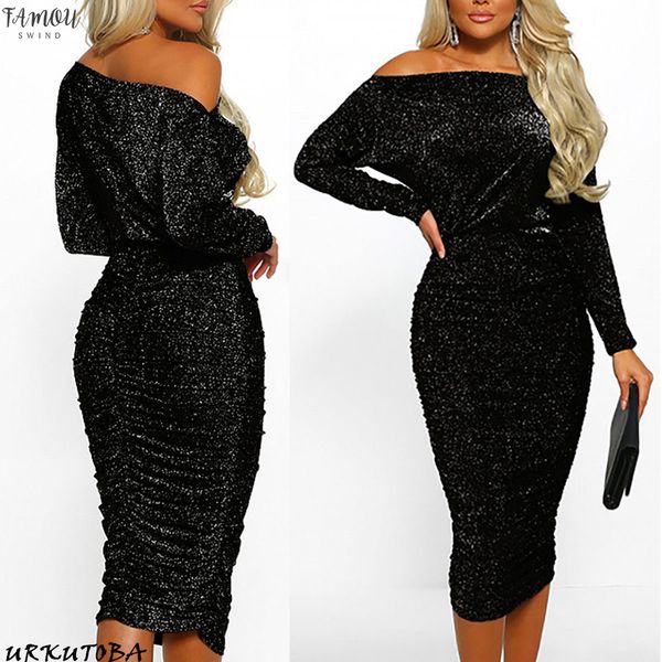 

2020 new arrival solid off shoulder slim elegant women boat neck glitter bodycon dress evening party formal dress, Black;gray