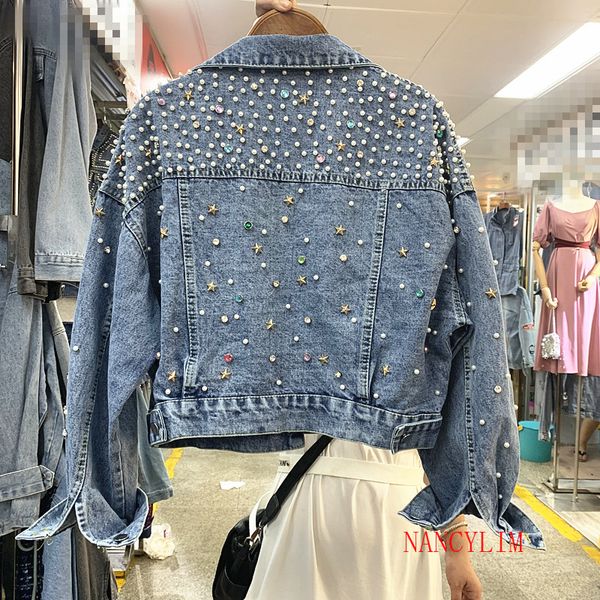 

harajuku heavy industry drill-in nail bead loose short jean jacket womens autumn fashion long sleeve denim coat outwear students, Black;brown
