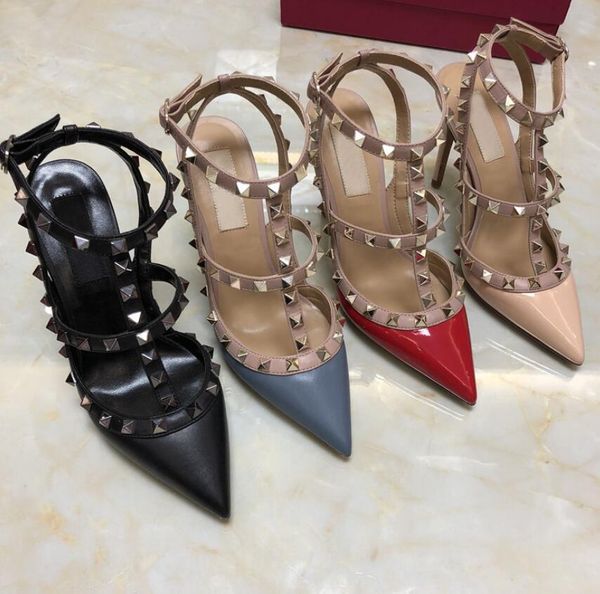 

designer pointed toe 2-strap with studs high heels patent leather rivets sandals women red fashion valentine shoes, Black