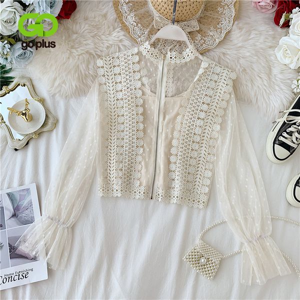 

women's blouse shirt womens and blouses lace flare sleeve round neck patchwork polka dot blusas mujer de moda 2020 c8441, White