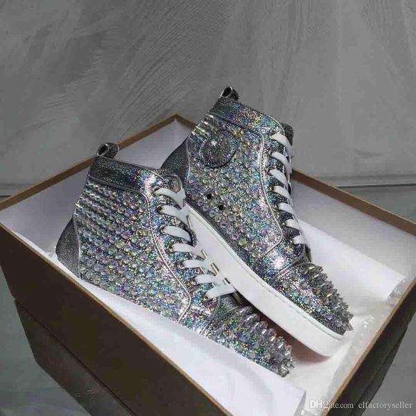 

italy handmade shoes red bottom sneakers shoe mens womens high sakte colorful spikes+glitter leather with spikes sneakers shoes, Black