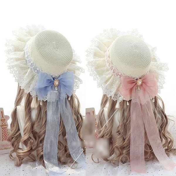 

sweet lolita straw sunhat mori girl caps with lace & bowknot beach summer hat, Blue;gray