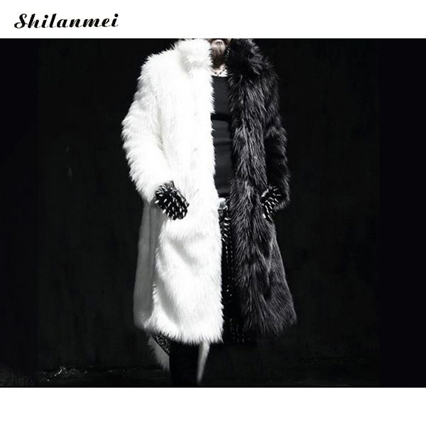 

luxury winter men long faux fur coat 2019 thick warm fur jacket black/white contrast color outerwear casual parka coat, Black;brown
