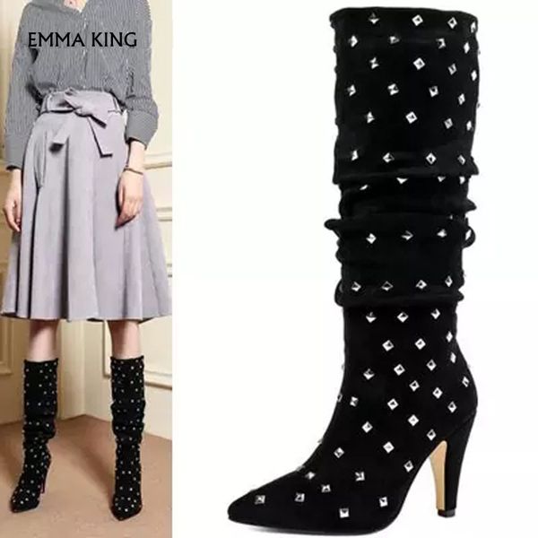 

fashion new rivets studded knee high boots pointed toe suede high heels ladies pumps party shoes woman botas mujer2019 plus size, Black
