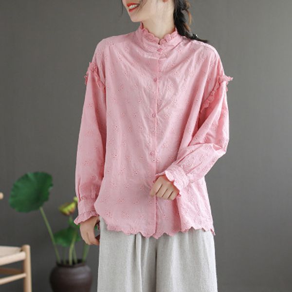 

весна новый ретро кружева стенд воротник рубашки женские трехмерные вышитые свободные топ рубашки, White