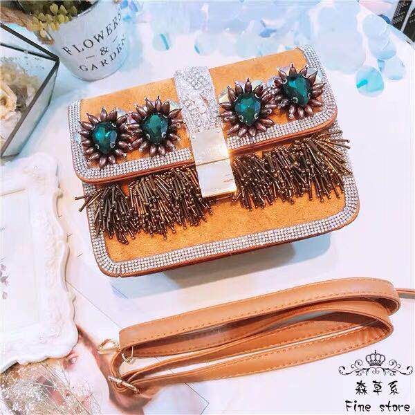 

new european beaded crystal tassels retro single shoulder slanting fashion korean version temperament small square bag