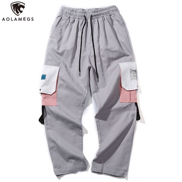 

aolamegs pants men cargo multi-pocket track pants male fashion trousers elastic waist hip hop joggers sweatpants streetwear, Black