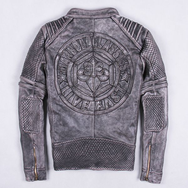 

vintage pattern leather jacket men real cowskin do old slim motorcycle jacket punk style gray men's leather coat wind jackets, Black