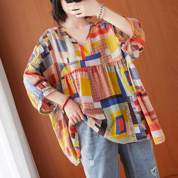 

johnature new korean plus size patchwork print womens and blouses 2020 summer v-neck nine quarter sleeve shirts, White