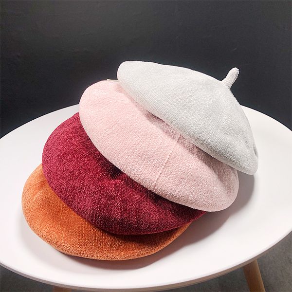 

осень зима ретро cap дамы мягкая синель вязаная берет корейский сплошной цвет красный painter войлок hat женщины берет gorras aht403, Blue;gray