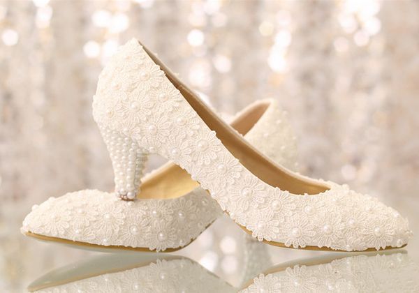 

pearls lace middle-heel women wedding shoes ladies banquet prom party shoes, Black