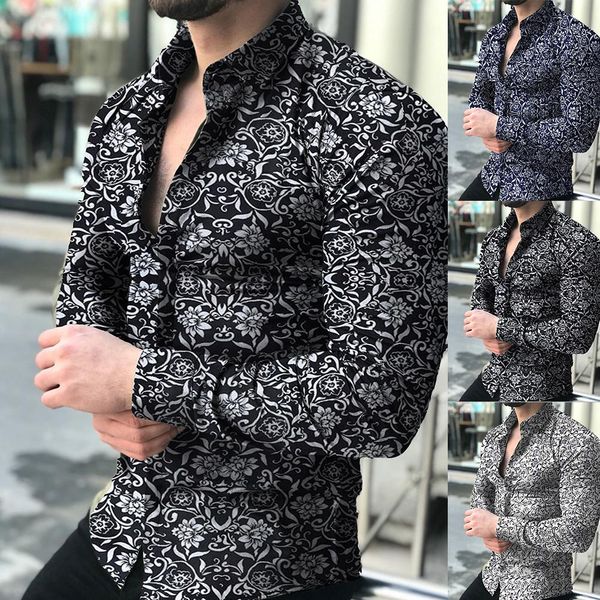 

mens fashion long sleeve floral print shirt spring autumn shirts men dress shirt slim fits button lapels collar male, White;black