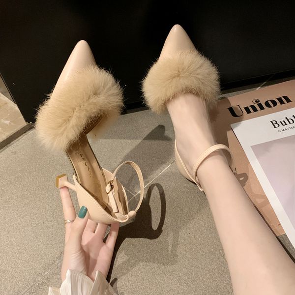 

shoes women summer high heel stiletto pointed female sandals sequins fluff new beaded women's shoes women's w32-43, Black