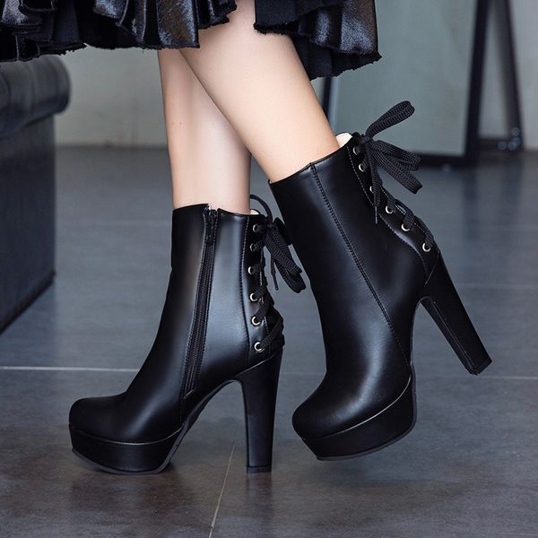 

new 2019 fashion women ankle boots high heels platform motorcycle boots fashion lace-up white black ladies shoes 569